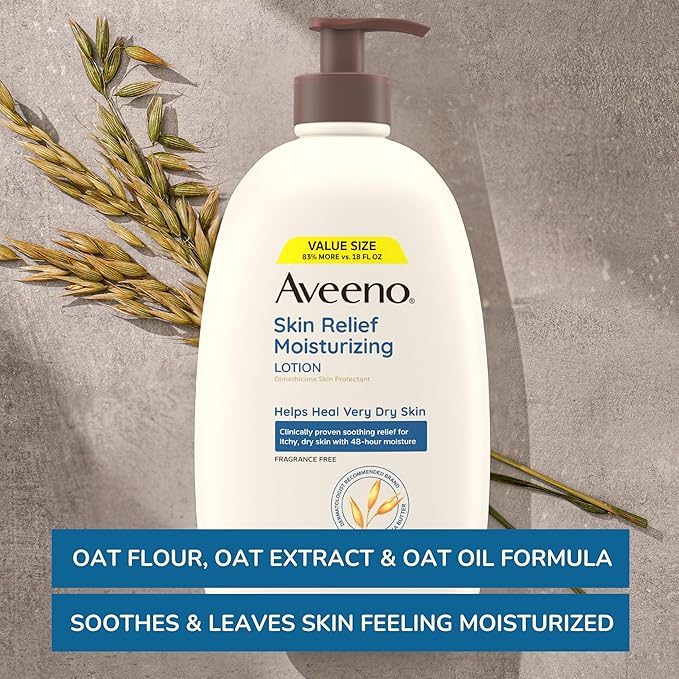 Aveeno Skin Relief Moisturizing Lotion for Very Dry, Itchy, Dry Skin, Body Moisturizer, Soothing Triple Oat & Shea Butter, Fragrance-Free, Non-Greasy, 33 fl oz-GlimoraGlow