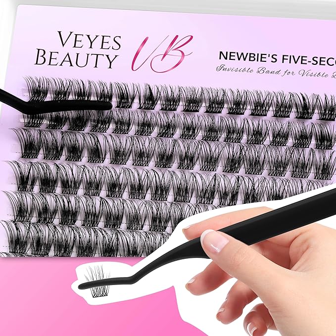 VEYESBEAUTY Lash Clusters Kit Individual Eyelash Extensions Thin & Invisible Band DIY False Eyelashes Newbie's Five-Second Series Wispy Lash Tray, Boldeye KIT with Bond&Seal Remover Applicator-GlimoraGlow