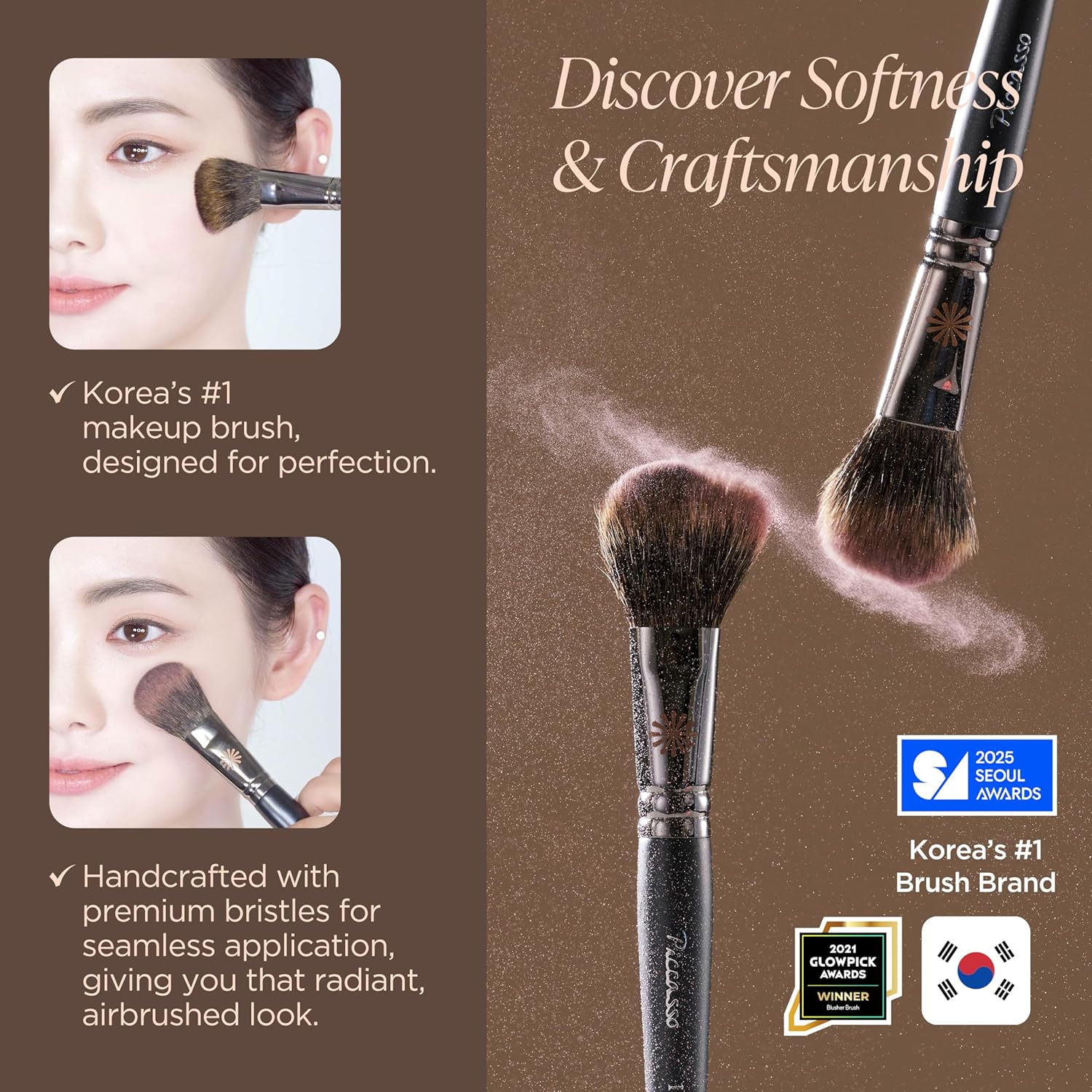 Piccasso 108 Blusher Brush – Soft Gray Squirrel Hair for Smooth and Natural Cheek Makeup, Fluffy Powder Applicator with Excellent Color Payoff, Small Face Brush for Daily Use, Professional Beauty-GlimoraGlow