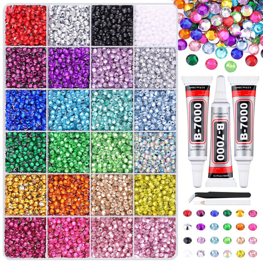 12600Pcs Resin Rhinestones for Crafting with Tweezers, Multicolor 4mm Bedazzling Crystal with 3Pcs 10ml B7000 Jewelry Glue for DIY Crafts Clothing Tumblers Shoes Fabric Nail Art-GlimoraGlow
