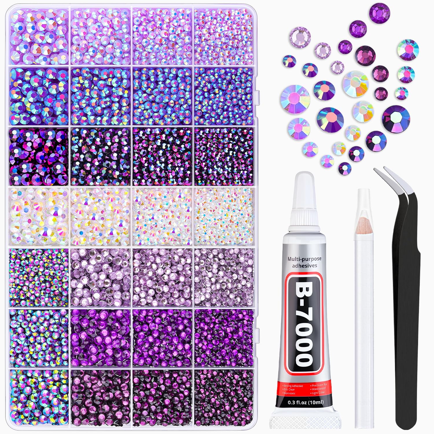 20000Pcs Purple Rhinestones for Bedazzling with 1Pcs B7000 Jewelry Glue, Resin Rhinestones for Crafting Crafts DIY, Bedazzler Kit Gems for Clothing Shoes Tumblers Nail Art Assorted Size 3/4/5/6mm-GlimoraGlow