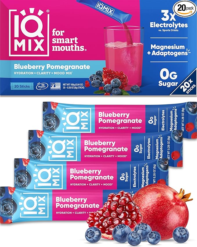 IQMIX Hydration Electrolyte Powder – 4-in-1 Formula for Hydration, Mental Clarity, Mood and Recovery – Sugar-Free Drink Mix, Keto, Magnesium L-Threonate, Lion’s Mane – 20 Count Blueberry Pomegranate-GlimoraGlow