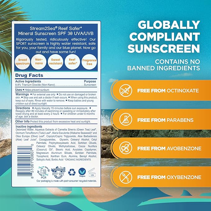 STREAM 2 SEA SPF 30 Biodegradable Mineral Sunscreen, 3 Fl oz Non-Greasy and Moisturizing Reef Safe Sunscreen For Face Protection and Body Against UVA and UVB-GlimoraGlow