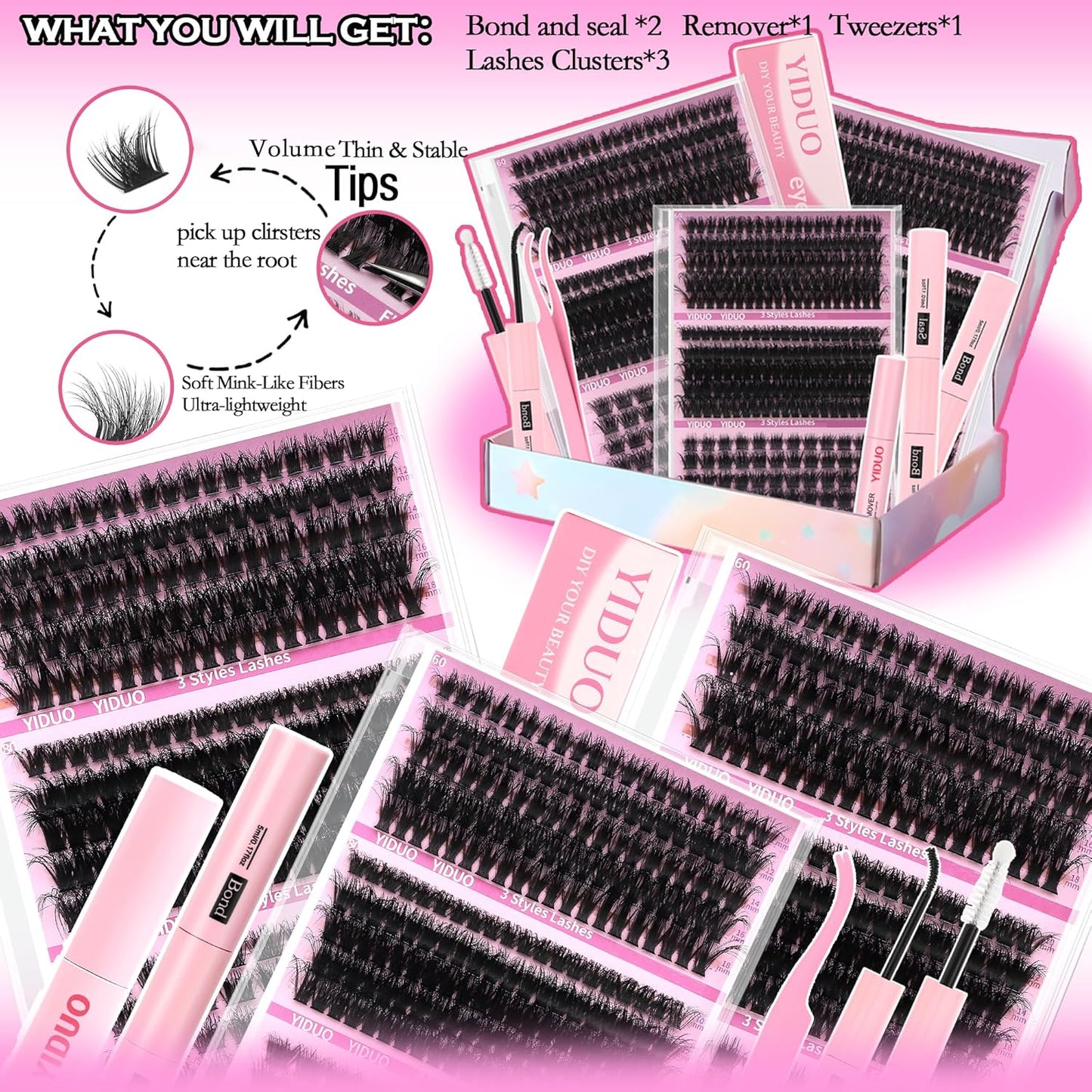 Volume Lashes Clusters Lash Kit Gift Packs 770Pcs with 2X Bond&Seal 5 style Mixed C-Curl False Eyelashes Extensions Faux Mink Individual Lash Wholesale Pack DIY Individual Fake Eyelashes Box-GlimoraGlow