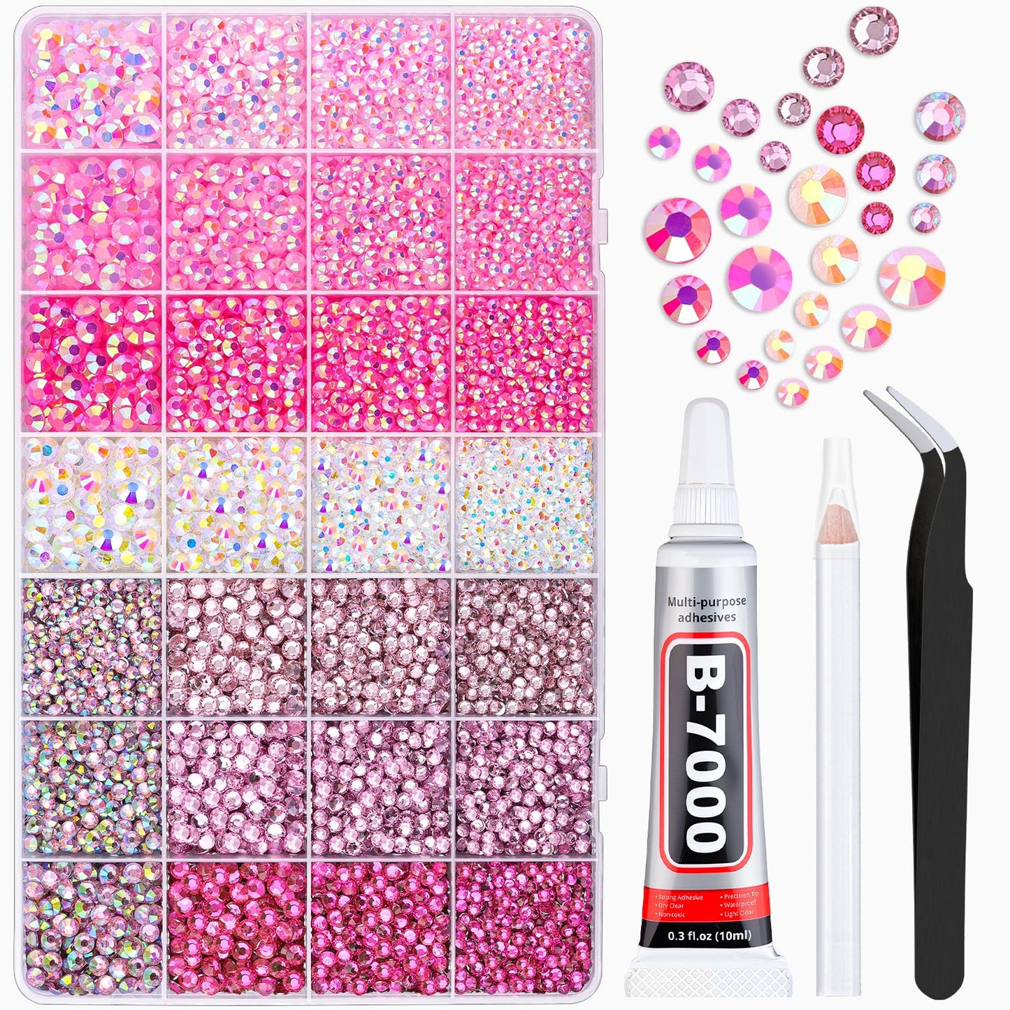 20000Pcs Pink Rhinestones for Bedazzling with 1Pcs B7000 Jewelry Glue, Resin Rhinestones for Crafting Crafts DIY, Bedazzler Kit Gems for Clothing Shoes Tumblers Nail Art Assorted Size 3/4/5/6mm-GlimoraGlow