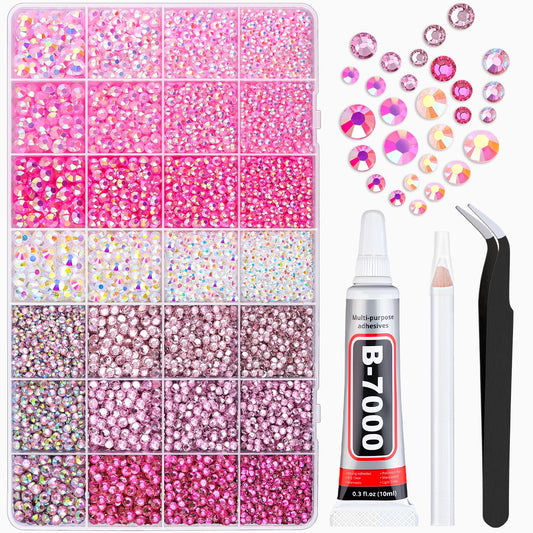 20000Pcs Pink Rhinestones for Bedazzling with 1Pcs B7000 Jewelry Glue, Resin Rhinestones for Crafting Crafts DIY, Bedazzler Kit Gems for Clothing Shoes Tumblers Nail Art Assorted Size 3/4/5/6mm-GlimoraGlow