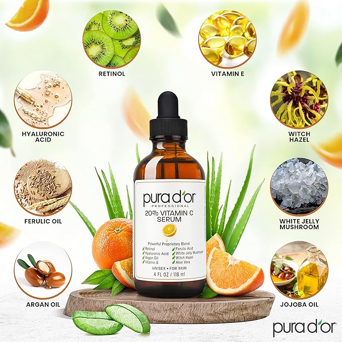 PURA D'OR 20% Vitamin C Serum 4 Oz - Lightweight Maximum Strength Formula - Retinol, Hyaluronic Acid, Ferulic Acid - Professional Grade Treatment For Face & Eyes, Wrinkles - Men & Women-GlimoraGlow