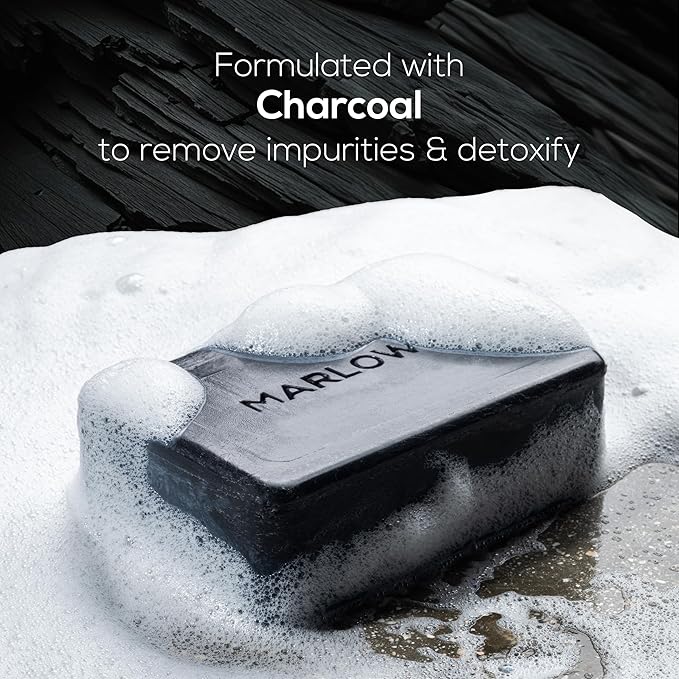 MARLOWE. No. 106 Charcoal Soap 7 oz (3 Bars) Body Bar Soap for Men, Cleansing, Purifying & Hydrating with Natural Extracts, Shea Butter, Olive Oil & Green Tea Extracts, Fresh Woodsy Scent-GlimoraGlow