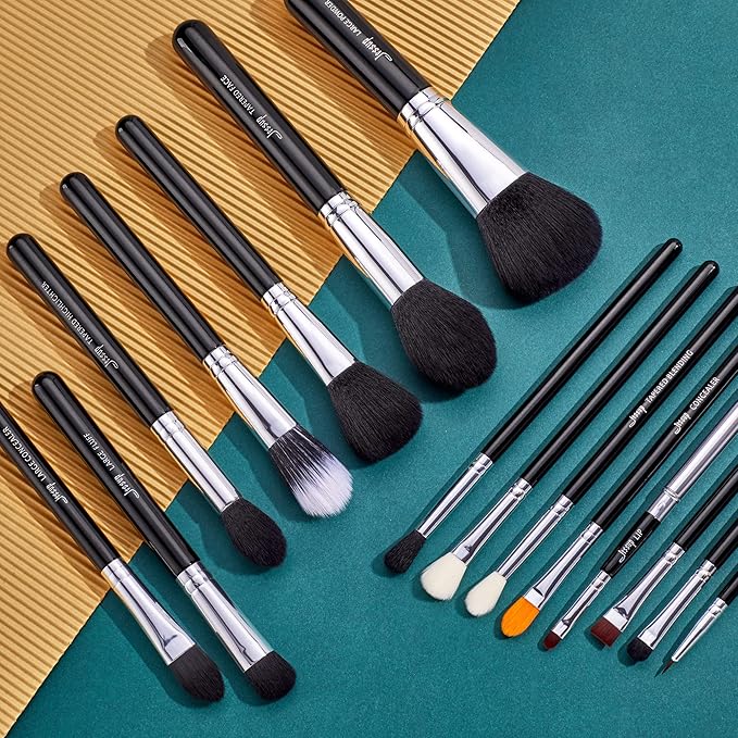 Jessup Makeup Brushes 15 Pcs Makeup Brush Set Beauty Cosmetics Make Up Powder Concealer Eyeshadow Eyeliner Blending Lip Brush Tools (Black/Silver) T092-GlimoraGlow