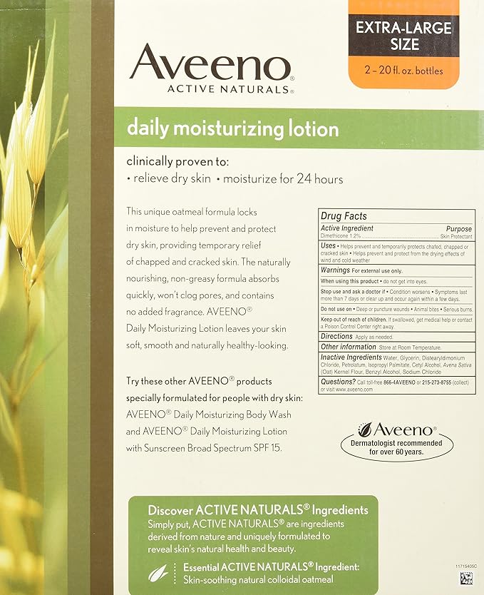 Aveeno Active Naturals Daily Moisturizing Lotion, New 2 Pack Of 20 Fl Ounce Pump, 1 Fl Ounce-GlimoraGlow
