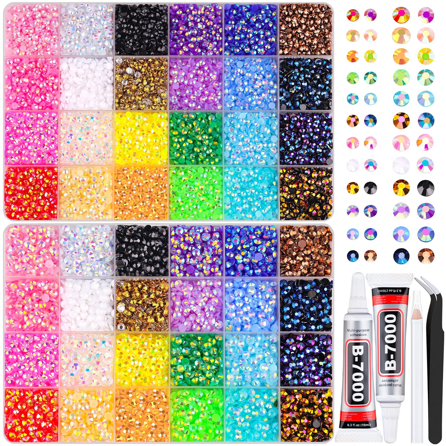 2 Boxes Jelly Rhinestones for Bedazzling, 19200Pcs 4mm & 5mm Multicolor Flatback Resin Gems for Crafting, Bedazzler Kit with 2Pcs 10ml B7000 Jewelry Glue for DIY Crafts Book Fabric Decor Nail Art-GlimoraGlow