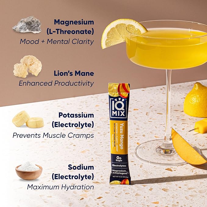 IQMIX x Chef Thomas Keller - Hydration Electrolyte Powder – 4-in-1 Formula for Hydration, Mental Clarity, Mood and Recovery – Sugar-Free, Keto, Magnesium L-Threonate, Lion’s Mane – 20 Count Yuzu Mango-GlimoraGlow