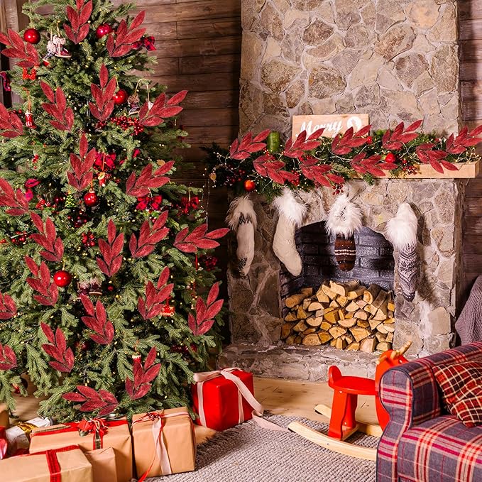 GREENTIME 12 Pack Artificial Red Glitter Leaves 13" Fake Christmas Picks Decorative Glitter Sticks for Vase Christmas Tree DIY Wreath Crafts Fireplace Decor