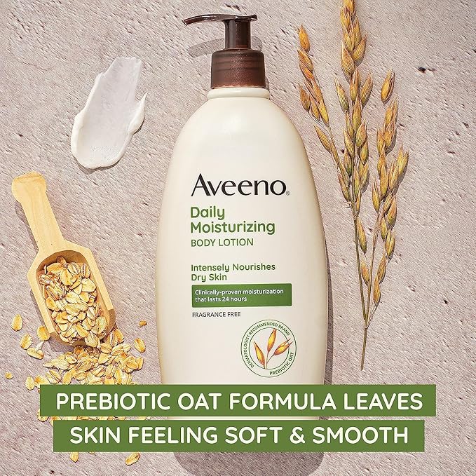 Aveeno Daily Moisturizing Body Lotion for Dry Skin with Prebiotic Oat, Fragrance & Paraben Free, Non-Greasy, Non-Comedogenic, for Sensitive Skin & 72-Hour Moisturizer 18 Fl Oz-GlimoraGlow