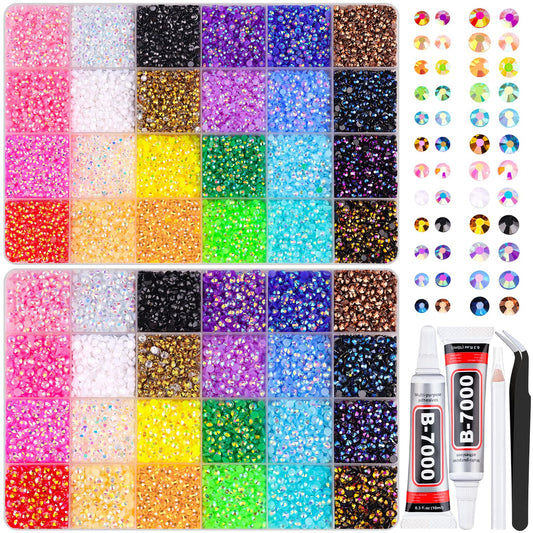 2 Boxes Jelly Rhinestones for Bedazzling, 36600Pcs 3mm & 4mm Multicolor Flatback Resin Gems for Crafting, Bedazzler Kit with 2Pcs 10ml B7000 Jewelry Glue for DIY Crafts Book Fabric Decor Nail Art-GlimoraGlow