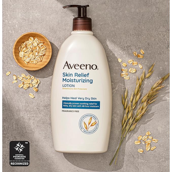 Aveeno Skin Relief Fragrance-Free Moisturizing Lotion for Sensitive Skin, with Natural Shea Butter & Triple Oat Complex, Unscented Therapeutic Body Lotion for Itchy, Extra-Dry Skin, 18 fl. oz-GlimoraGlow