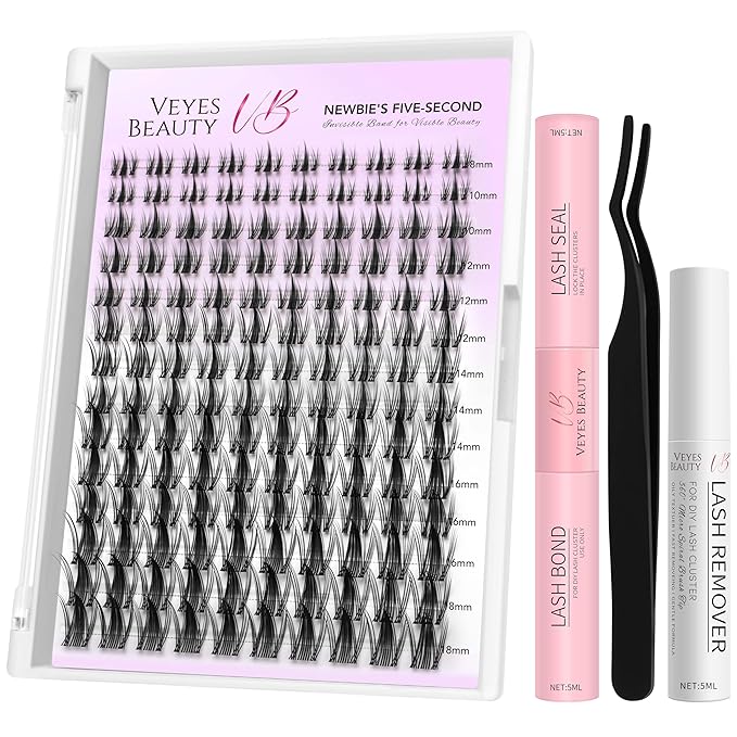 VEYESBEAUTY Lash Clusters Kit Eyelash Extensions Thin & Invisible Band DIY Individual False Eyelashes Newbie's Five-Second Series Wispy Lash Tray for Self-application, Manga Lash 8-18mm Mixed Length-GlimoraGlow