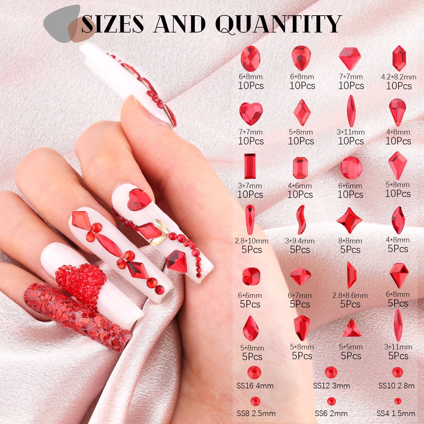 1680Pcs Red Glass Nail Rhinestones 180Pcs Multi Shapes Flatback Nail Gems + 1500Pcs 1.5-4mm Round Crystal with Rhinestones Glue Gel, Manicure Nail Charms Diamond Gemstones for Nail Art-GlimoraGlow