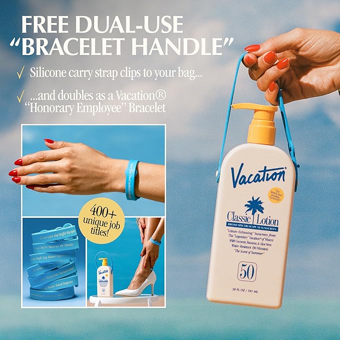 Vacation Classic Lotion SPF 50 Sun Jug, Broad Spectrum Bulk Sunscreen SPF 50, Water Resistant Sunblock, Suntan Lotion with Pump, Vegan, Family-Size, 20 Fl. Oz.-GlimoraGlow