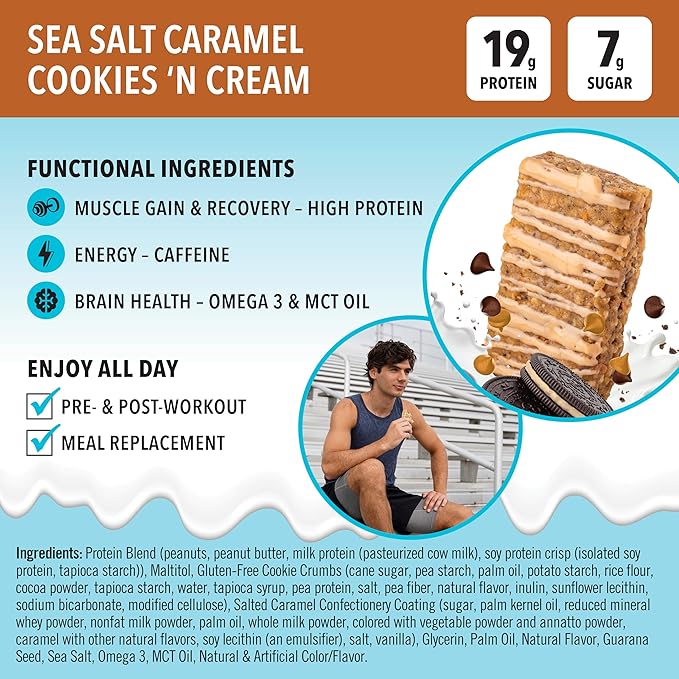 JiMMYBAR! - Sea Salt Caramel Cookies N' Cream - 19g High Protein Bars - 7g Sugar - 12 Count - 58g Health Bars - Natural Peanut Butter Core - Caffeinated Protein Bar For Energy- Hand Drizzled Chocolate-GlimoraGlow