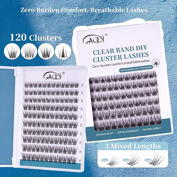GAQQI Lash Clusters Volume & Wispy Eyelash Clusters 10-14mm Cluster Lashes 120PCS, Cluster Eyelash Extensions C Curl, Ultra-thin & Soft Clear Band False Lashes Wide Band (WING)-GlimoraGlow