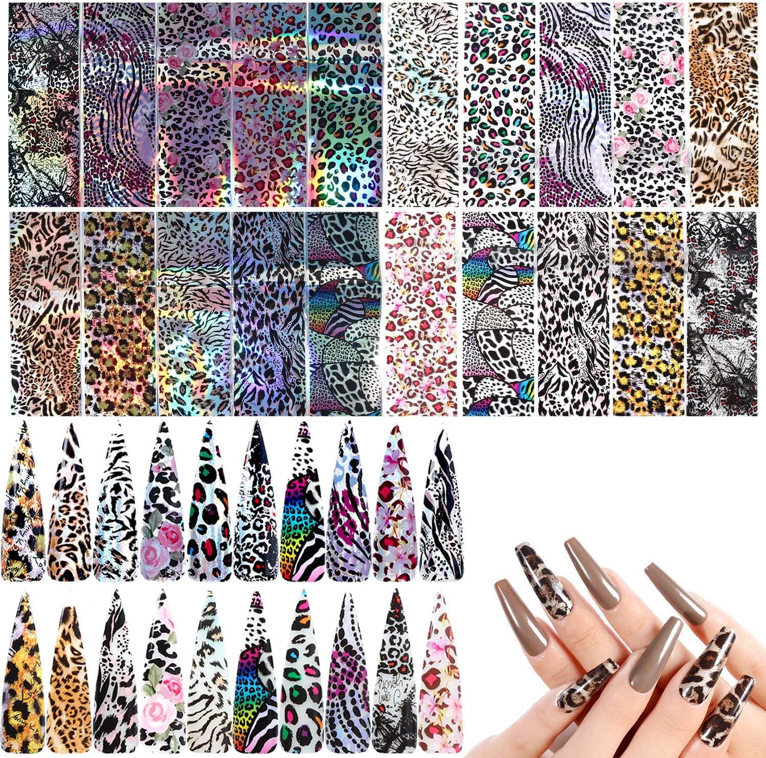 20 Sheets Leopard Nail Stickers，Starry Sky Animal Skin Design Nail Art Decoration Glue Transfer Nail Foils for Women Fingernails and Toenails Acrylic Decorations Manicure Tips Wraps Charms-GlimoraGlow