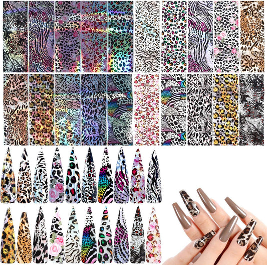 20 Sheets Leopard Nail Stickers，Starry Sky Animal Skin Design Nail Art Decoration Glue Transfer Nail Foils for Women Fingernails and Toenails Acrylic Decorations Manicure Tips Wraps Charms-GlimoraGlow