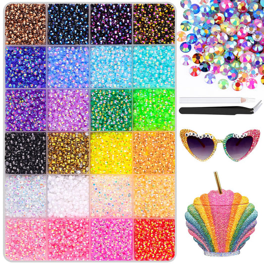 24000Pcs Resin Jelly Rhinestones with Tweezers for Crafting, Multi Colors 3mm Non Hotfix Flatback Gems, Bedazzling Crystal for DIY Crafts Clothing Tumblers Mugs Shoes Decor Nail Art-GlimoraGlow