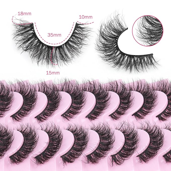 Mink Lashes 10 Pairs False Eyelashes D Lashes Natural Cat Eye Volume Faux Mink Lashes Wispy 18 mm 5D Thick Soft Eyelashes Pack by FANXITON-GlimoraGlow