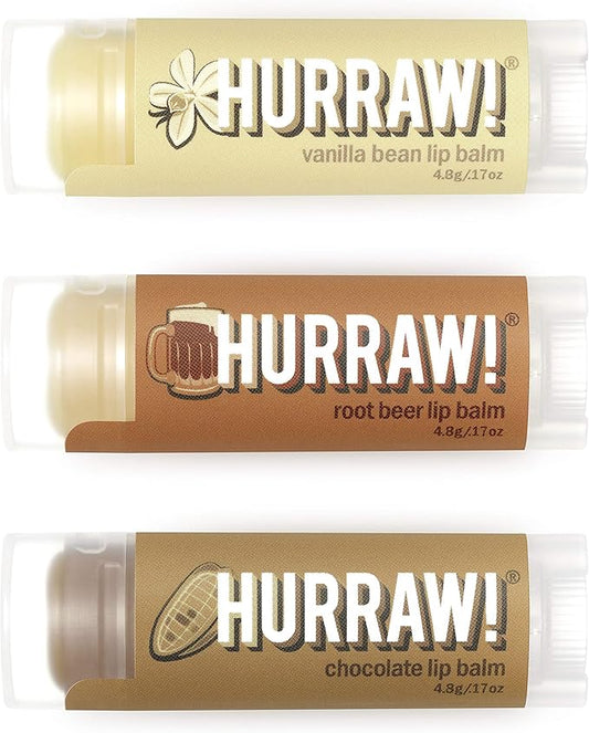 Hurraw! Vanilla Bean, Root Beer, Chocolate Lip Balms, 3 Pack Bundle: Organic, Certified Vegan, Cruelty and Gluten Free. Non-GMO, 100% Natural Ingredients. Bee, Shea, Soy and Palm Free. Made in USA-GlimoraGlow