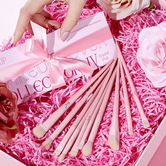 Jessup Eyeshadow Brush Set 10Pcs Pink Eye Makeup Brushes Concealer Brush Premium Synthetic Eye shadow Eyeliner Smudge Crease Blending Brush for Makeup, T496-GlimoraGlow