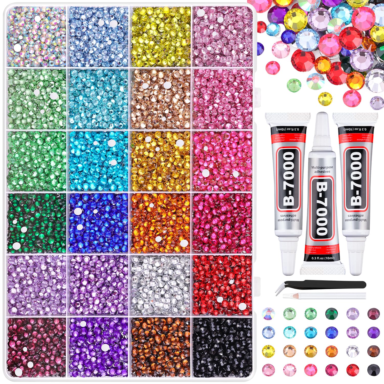 22000Pcs Resin Rhinestones for Bedazzling with Tweezers, Multicolor 2/3/4mm Rhinestones for Crafting with 3Pcs 10ml B7000 Jewelry Glue for DIY Crafts Clothing Tumblers Shoes Fabric Nail Art-GlimoraGlow