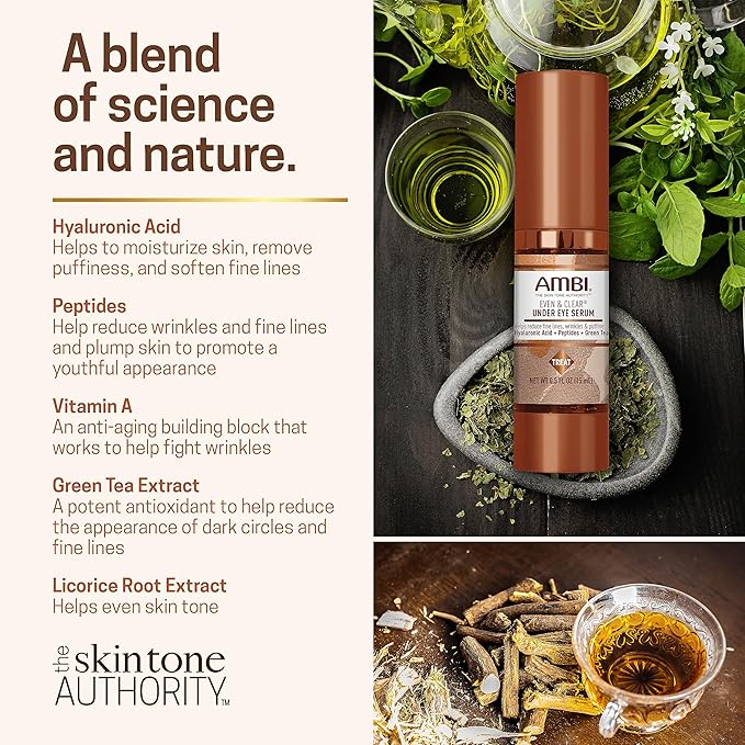 Ambi Even & Clear Under Eye Serum for All Skin Types Anti Aging Formula Features Peptides, Hyaluronic Acid, and Vitamin A to Help Reduce Fine Lines, Wrinkles, and Dark Circles , 0.5 Ounce-GlimoraGlow