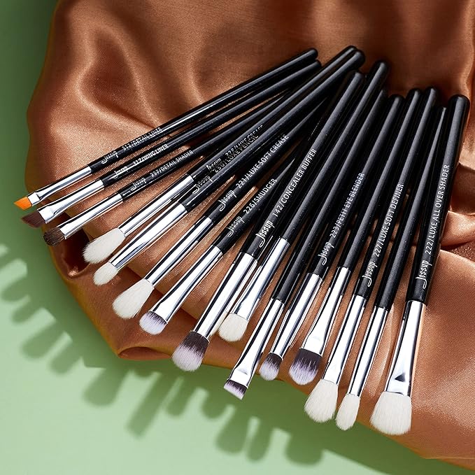 Jessup Eye Makeup Brushes Set Professional 15pcs with Eyeshadow Blending Concealer Eyebrow Eyliner Brush (Pearl Black/Silver)-GlimoraGlow