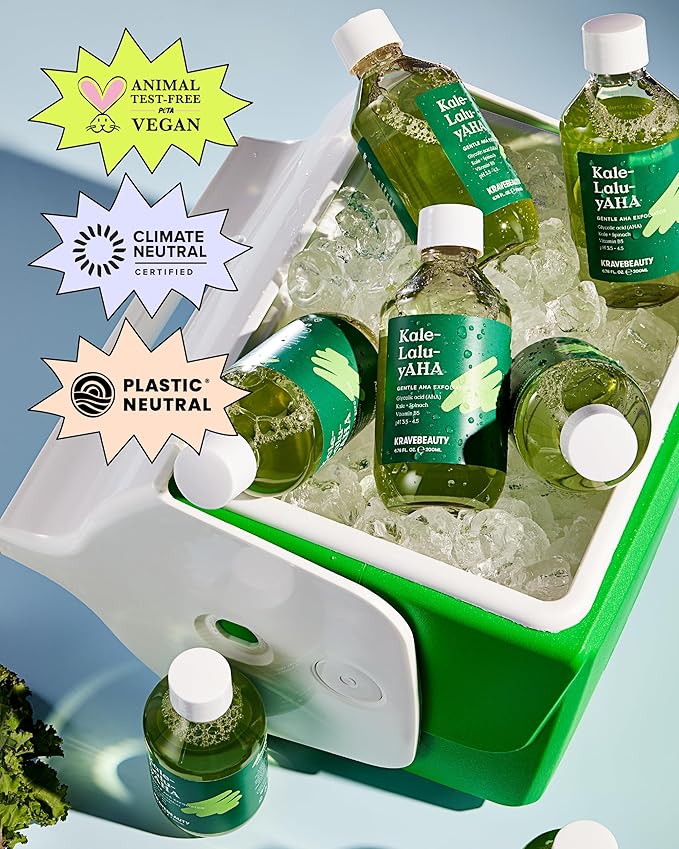 Krave Beauty Kale-Lalu-yAHA - Gentle 5.25% AHA Exfoliator with Glycolic Acid, Hyaluronic Acid, and Vitamin-Rich Kale for Texture, Discoloration, and Dead Skin Cells, Vegan and Cruelty-Free, 6.76 fl oz-GlimoraGlow