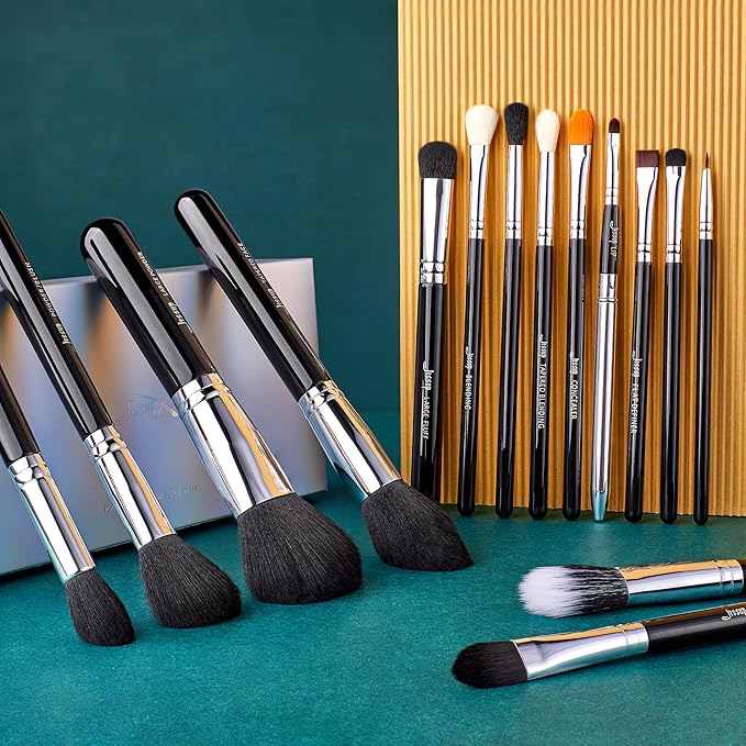 Jessup Makeup Brushes 15 Pcs Makeup Brush Set Beauty Cosmetics Make Up Powder Concealer Eyeshadow Eyeliner Blending Lip Brush Tools (Black/Silver) T092-GlimoraGlow
