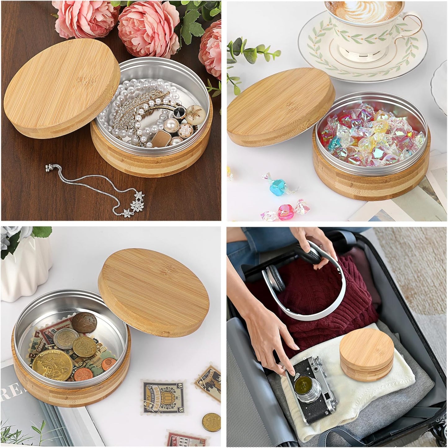 ELLDOO Body Powder Puff and Container, 10oz Empty Bamboo Case with Aluminum Inner Jar, Travel Loose Dusting Powder Storage Box with 2pcs Powder Puffs for Baby Women-GlimoraGlow