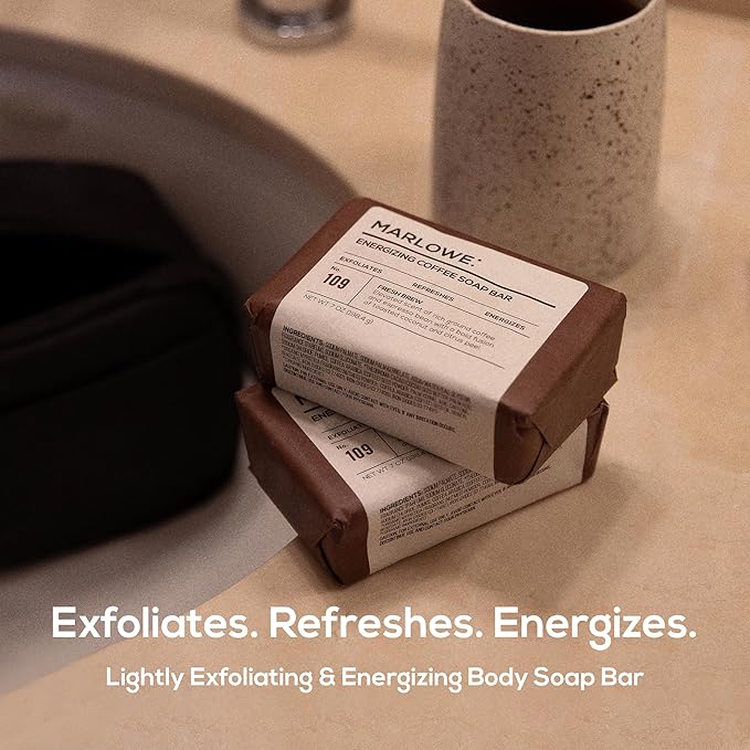 MARLOWE. No. 109 Coffee Bar Soap 7 oz (12 Bars) – Exfoliating Body Scrub for Men with Natural Extracts, Caffeine, Coffee Bean & Cocoa Butter – Energizing Fresh Brewed Scent-GlimoraGlow