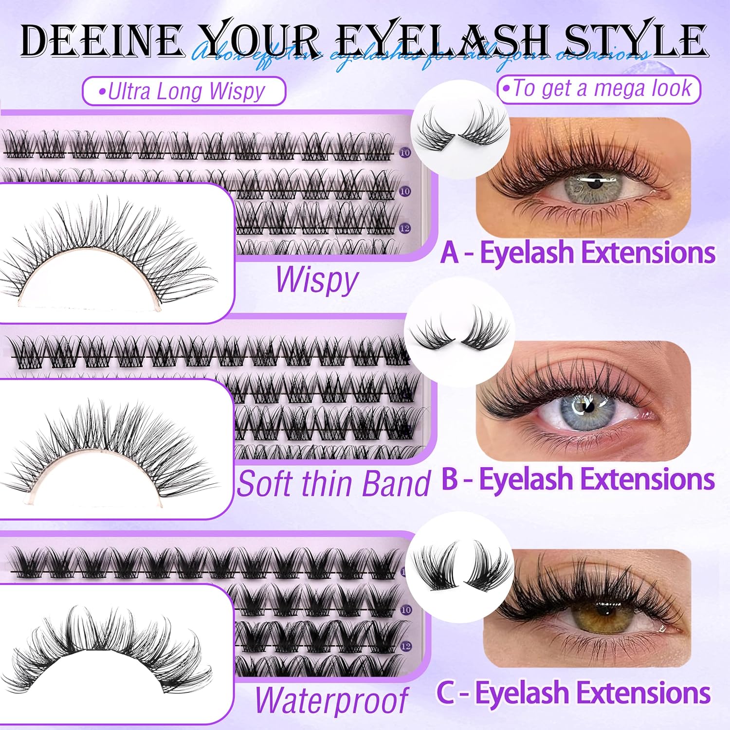 YlDUO Lashes Clusters Kit Gift Packs Natural False Eyelashes Extensions C/D Curl Wispy Individual Fake Eyelash, DIY Natural Extension Lash with Glue*2|Tweezers|Removers|Eyelash&Eyebrow Brush-GlimoraGlow