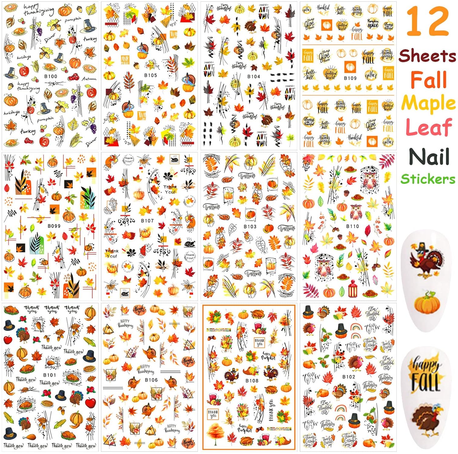 12 Sheets Fall Nail Art Stickers 3D Autumn Leaves Nail Decals Self-Adhesive Thanksgiving Nail Art Accessories Foils Maple Leaf Pumpkin Turkey Nail Designs for Women Girls DIY Manicure Decoration-GlimoraGlow