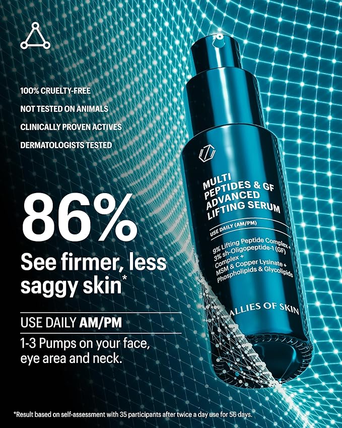 Allies of Skin Multi Peptides & Growth Factor Collagen Boosting Face Serum | Skin Tightening Anti-Aging Complex with 9% Peptides| Firms Sagging Skin & Visibly Reduces Wrinkles (1 oz)-GlimoraGlow