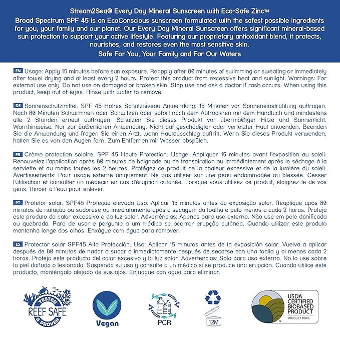 SPF 45 Every Day Active Mineral Sunscreen | 2.5 Fl Oz Biodegradable & Reef Safe Sunscreen for Face & Body | Non-Greasy, Lightweight & Sheer Mineral Protection Against UVA & UVB by Stream2Sea-GlimoraGlow