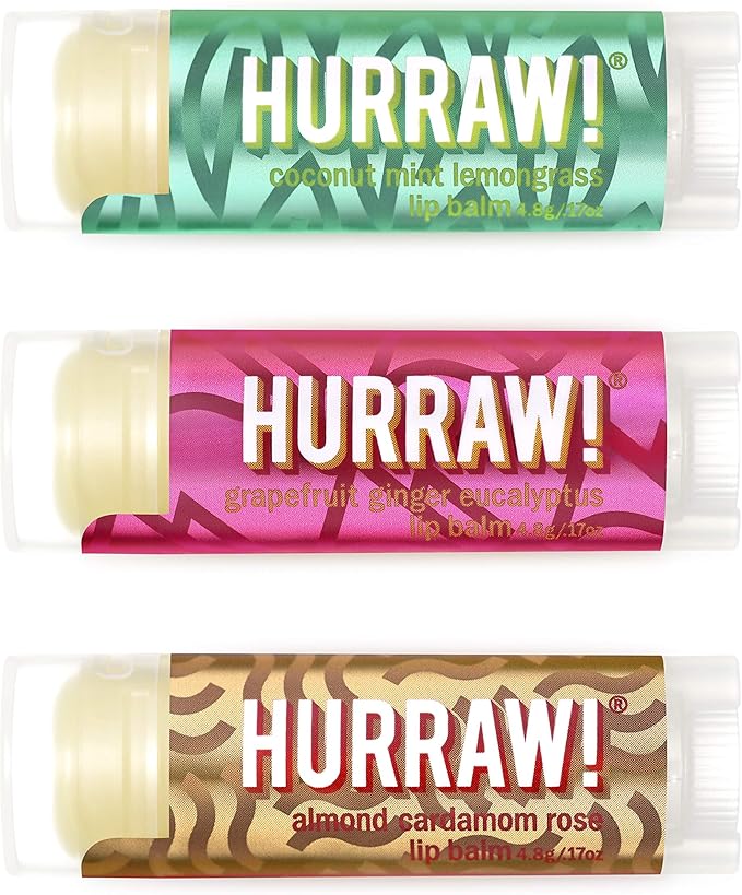 Hurraw! Pitta (Coconut, Mint, Lemon Grass), Kapha (Grapefruit, Ginger, Eucalyptus), Vata (Almond, Cardamon Rose) Lip Balms, 3 Pack Bundle: Organic, Certified Vegan, Cruelty, Gluten Free, 100% Natural-GlimoraGlow