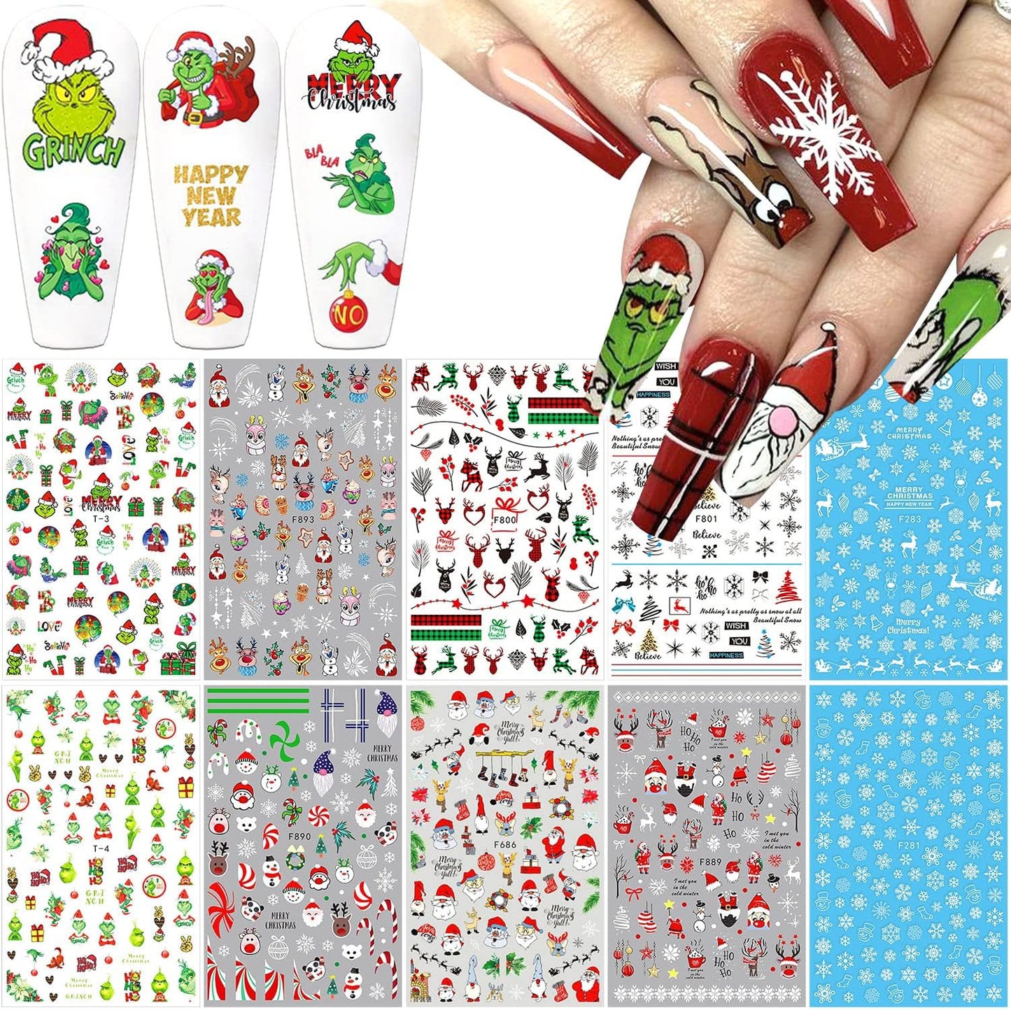 10 Sheets Christmas Nail Art Stickers 3D Xmas Nail Decals Winter Snowflake Santa Claus Snowman Buffalo Plaid Reindeer Nail Stickers for Christmas Nail Designs Decorations Manicure Tips Charms-GlimoraGlow