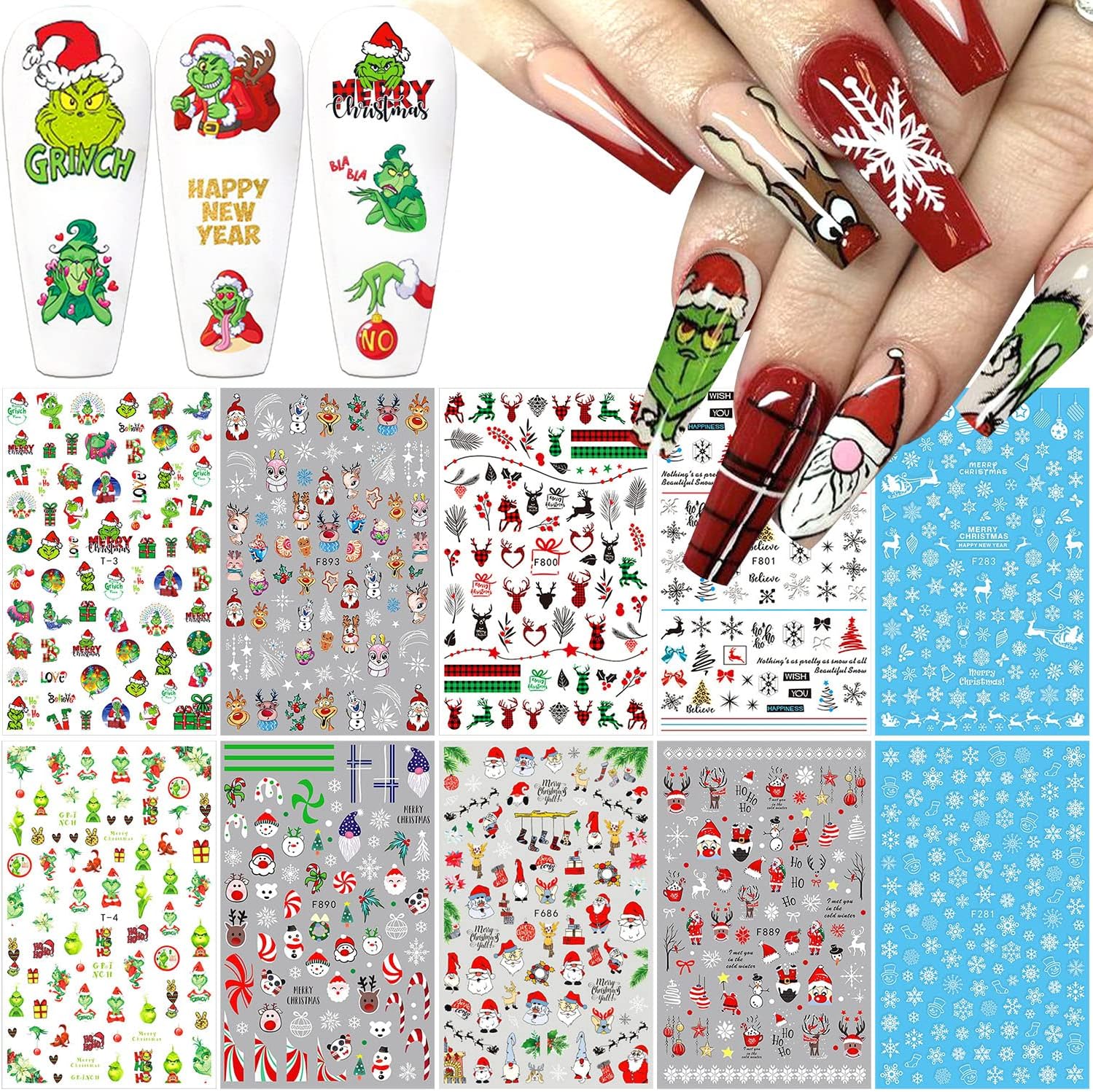 10 Sheets Christmas Nail Art Stickers 3D Xmas Nail Decals Winter Snowflake Santa Claus Snowman Buffalo Plaid Reindeer Nail Stickers for Christmas Nail Designs Decorations Manicure Tips Charms-GlimoraGlow