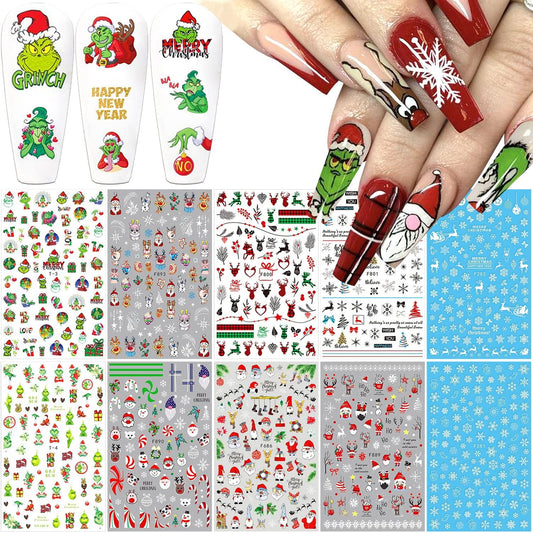 10 Sheets Christmas Nail Art Stickers 3D Xmas Nail Decals Winter Snowflake Santa Claus Snowman Buffalo Plaid Reindeer Nail Stickers for Christmas Nail Designs Decorations Manicure Tips Charms-GlimoraGlow
