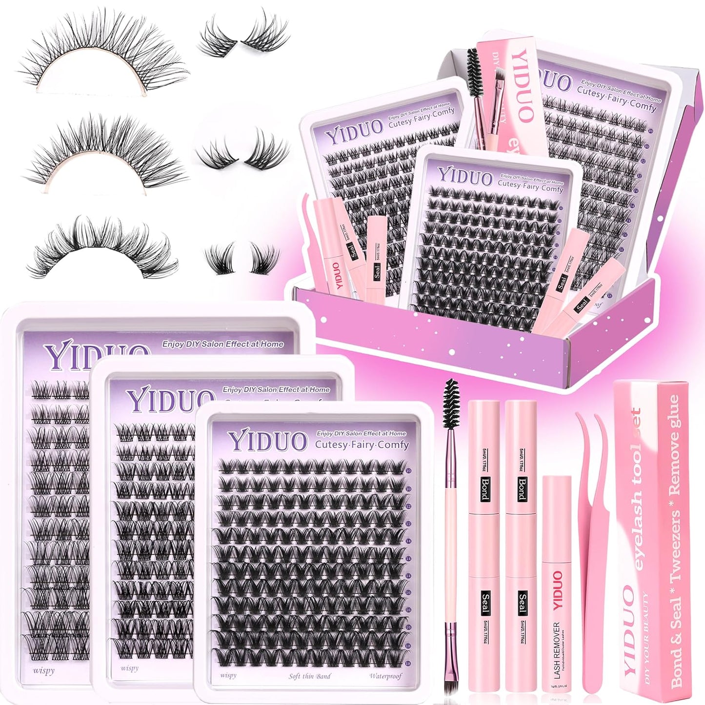 YlDUO Lashes Clusters Kit Gift Packs Natural False Eyelashes Extensions C/D Curl Wispy Individual Fake Eyelash, DIY Natural Extension Lash with Glue*2|Tweezers|Removers|Eyelash&Eyebrow Brush-GlimoraGlow