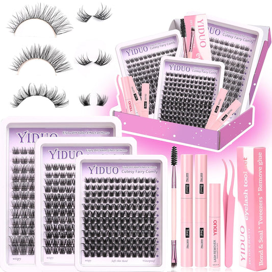 YlDUO Lashes Clusters Kit Gift Packs Natural False Eyelashes Extensions C/D Curl Wispy Individual Fake Eyelash, DIY Natural Extension Lash with Glue*2|Tweezers|Removers|Eyelash&Eyebrow Brush-GlimoraGlow
