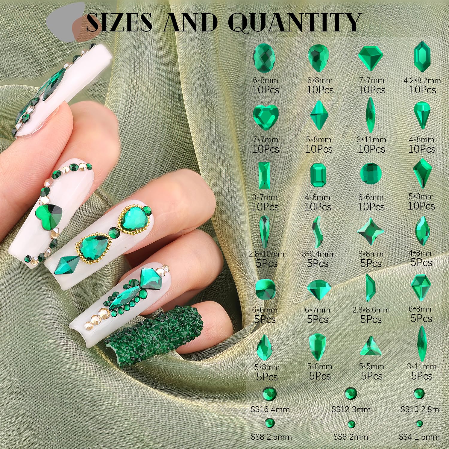 1680Pcs Emerald Green Glass Nail Rhinestones 180Pcs Multi Shapes Flatback Nail Gems + 1500Pcs 1.5-4mm Round Crystal, Manicure Nail Charms Diamond Gemstone for Acrylic Nails Decoration-GlimoraGlow