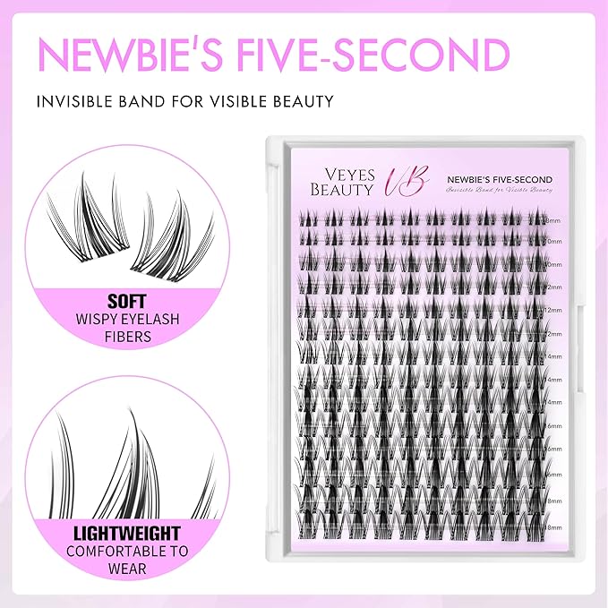 VEYESBEAUTY Lash Clusters Eyelash Extensions Thin & Invisible Band DIY Individual False Eyelashes Newbie's Five-Second Series Wispy Lash Tray for Self-application, Manga Lashes 8-18mm Mixed Length-GlimoraGlow